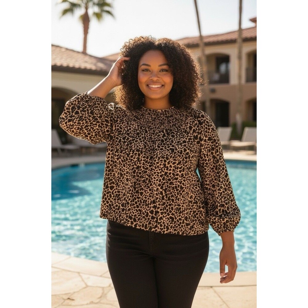 Crown And Ivy Leopard Print Top 2X Smocked Puff Sleeve Plus Preppy
